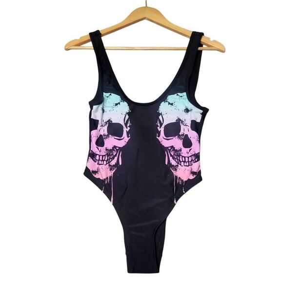 Hot Topic Midnight Hour One Piece Ombre Dripping Skull Skull Swimsuit Sz XS NEW - Picture 1 of 9